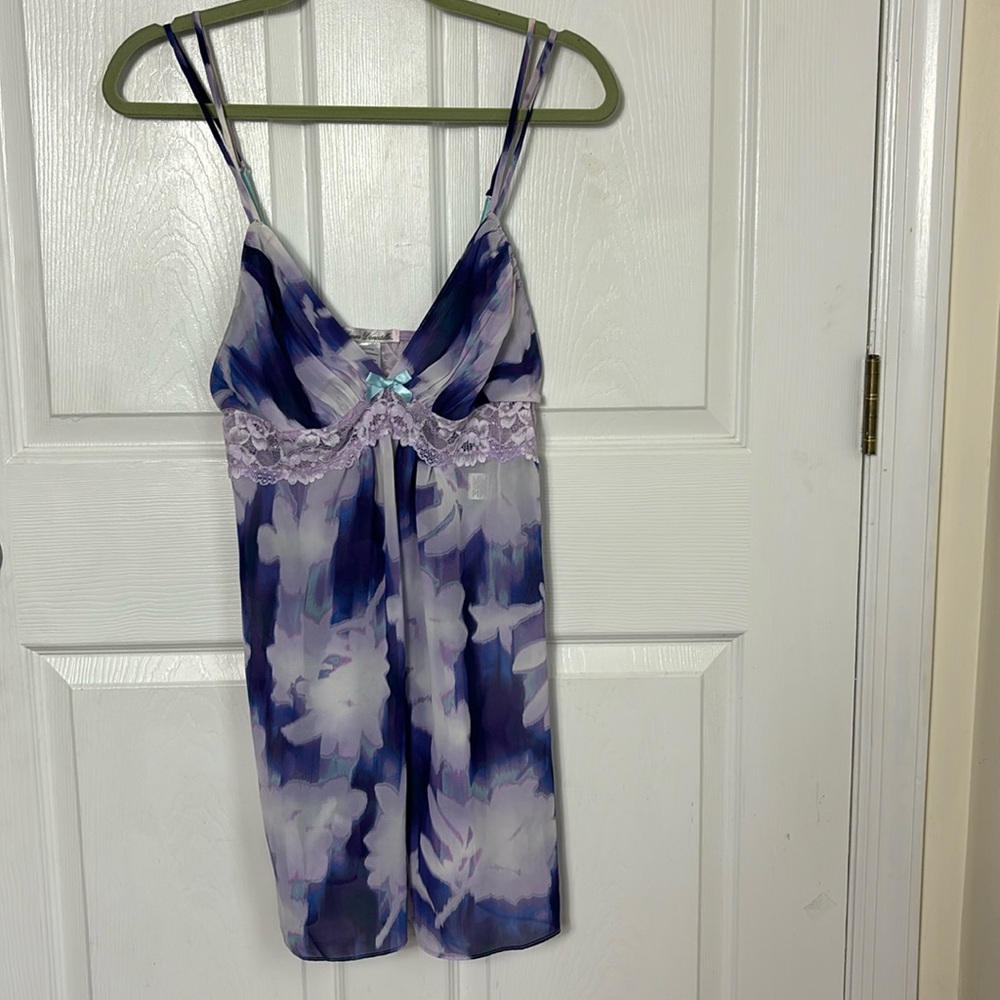 Linea Donatello purple lace floral slip dress negligee sz Small sexy date night